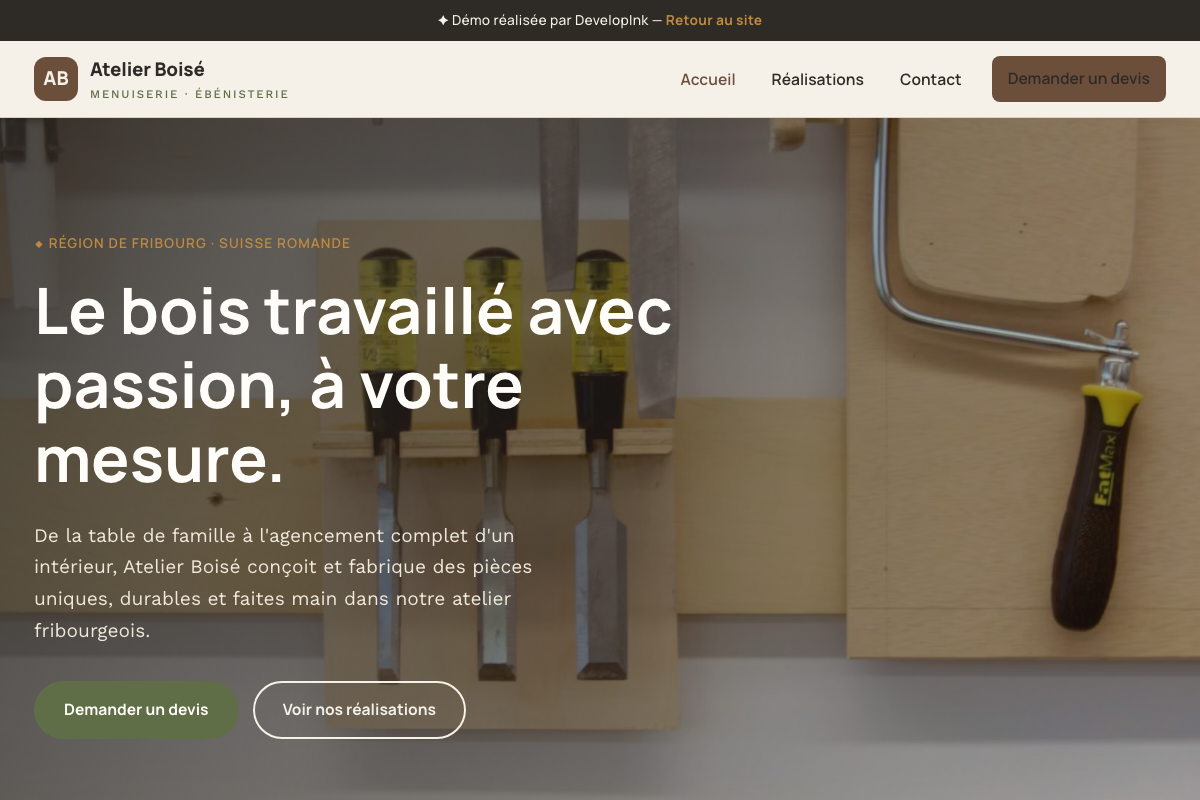 Aperçu du site de démonstration Atelier Boisé