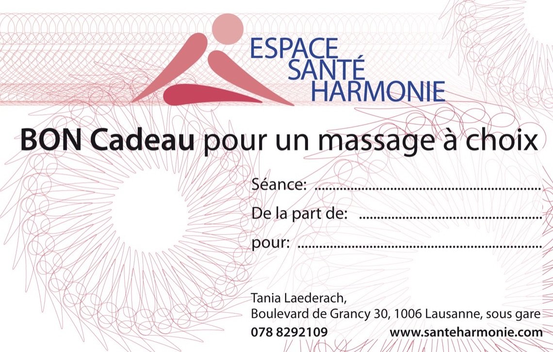 Le bon cadeau de l'Espace Santé Harmonie : « BON Cadeau pour un massage à choix », avec les lignes séance, de la part de, pour