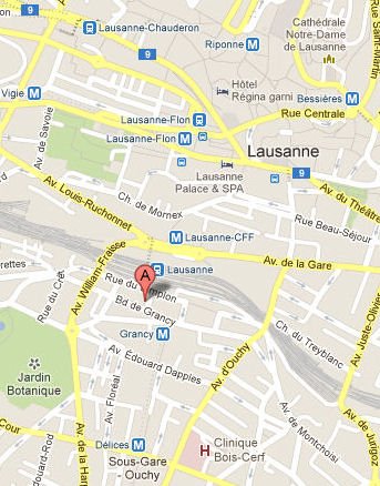 Plan du quartier de la gare de Lausanne, avec un repère A sur le boulevard de Grancy